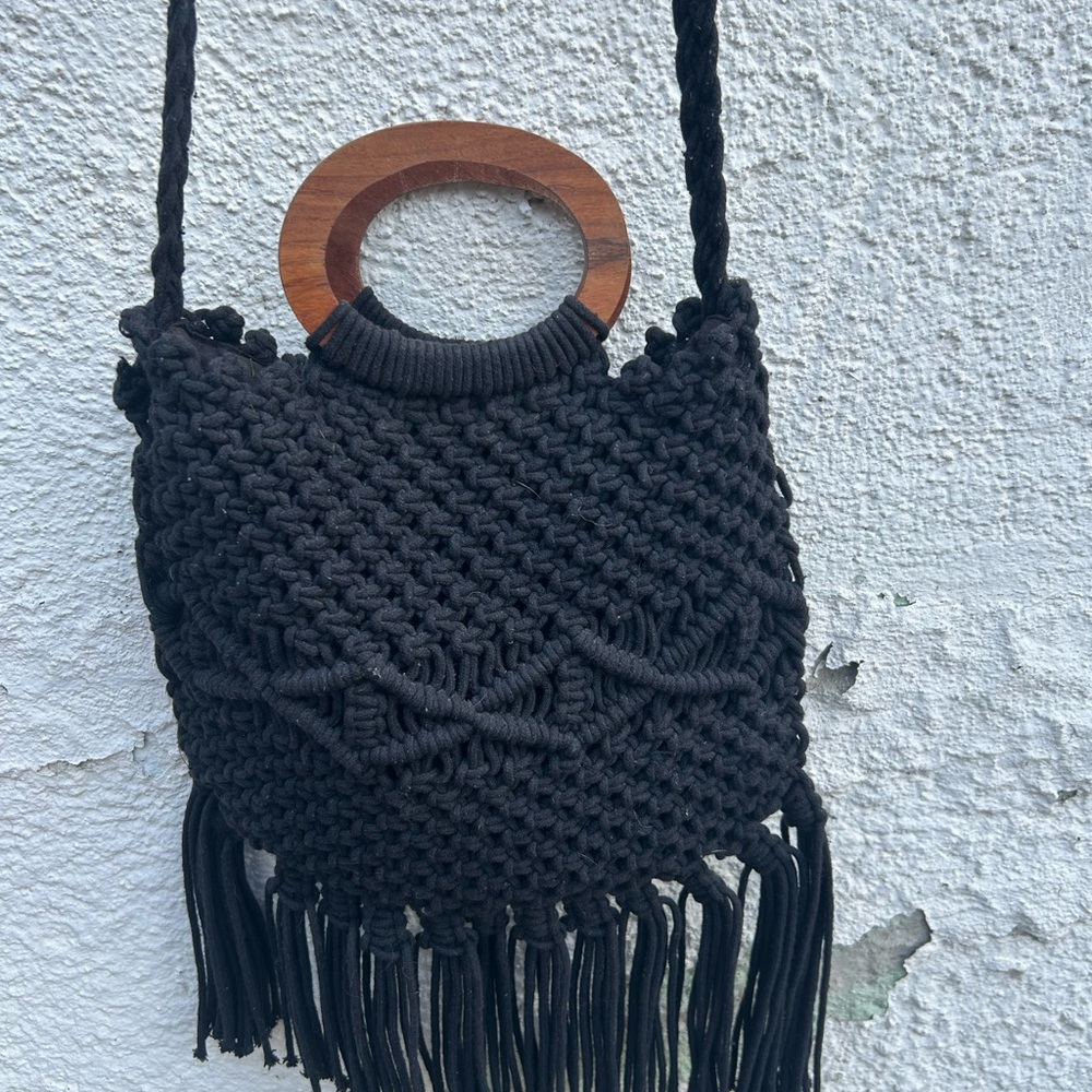 Danielle Nicole Black Woven Fringe Mini Bag